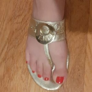 💯 Authentic Gold Fendi Flat Slip On Sandals